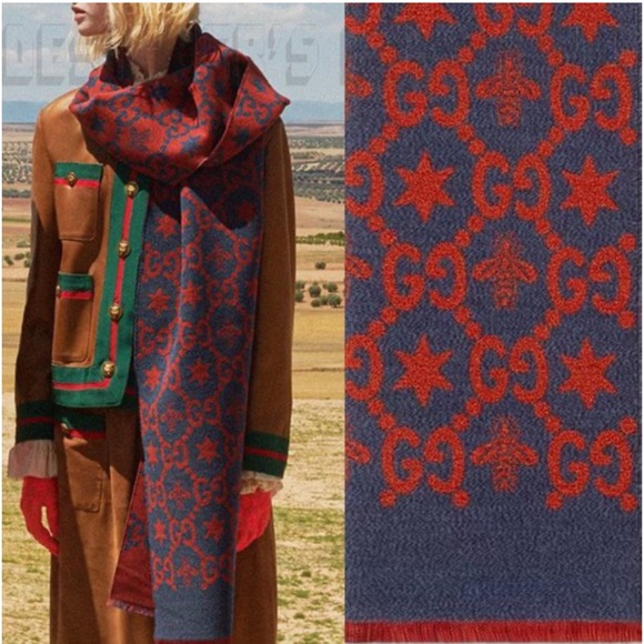Gucci Accessories - GUCCI red & blue CONSTELLATION Bee GG Stars wool/silk reversible long scarf NWT